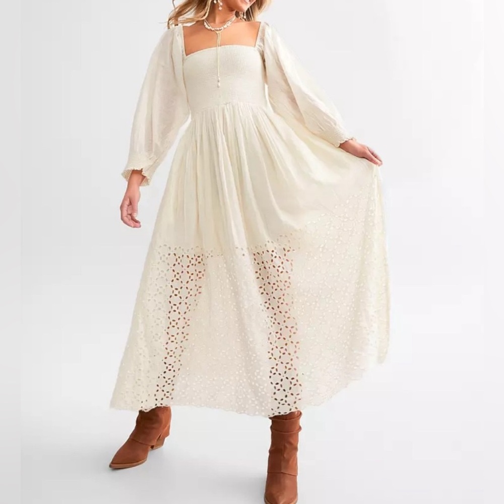Free People Ivory Perfect Storm Smocked Bodice Bohemian Midi Dress Size M
